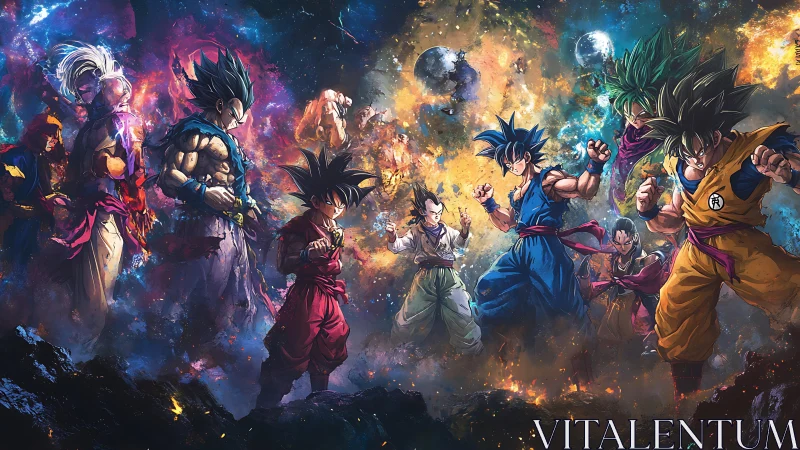 Cosmic showdown of anime warriors in explosive nebula field.