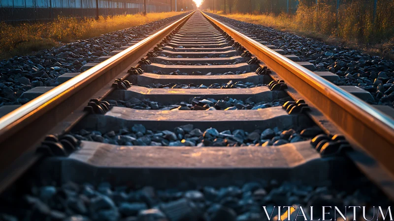 Railway tracks extend into distance under low warm sunlight