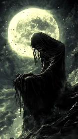 Digital painting of cloaked wraith silhoutted against full moon.