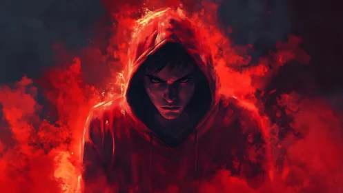 Hooded figure in red combustion field, high-contrast digital portrait.