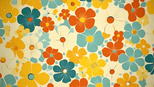 Bold flat floral pattern in teal, orange and yellow hues.