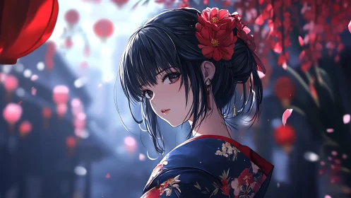 Elegant girl in kimono amid glowing red lantern petals.