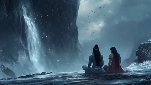 Lovers sit beneath a stormy waterfall in a misted gorge