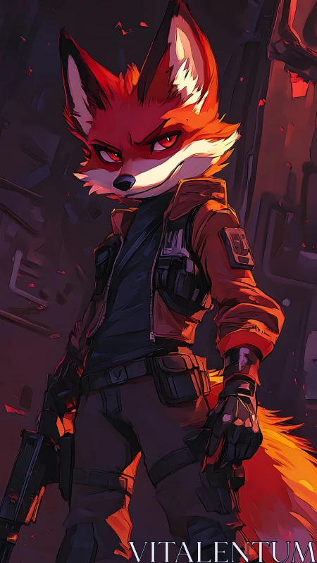Renegade vulpine ranger stalks ember-lit cyber alleyways.