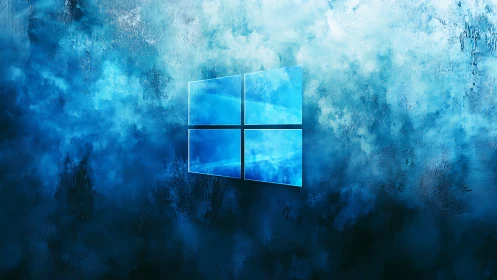 Glowing blue window logo floats on textured abstract wall