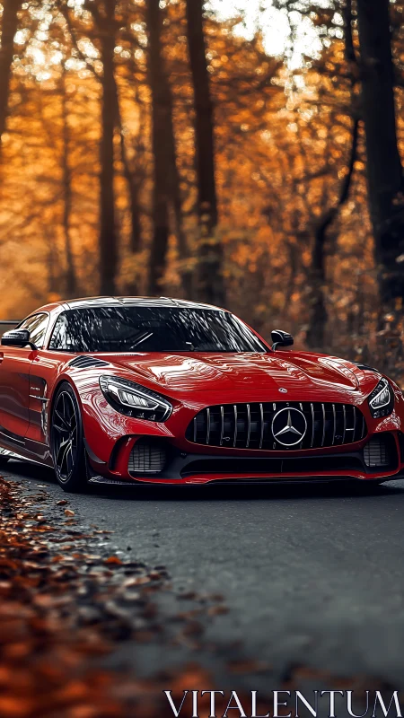 Red Mercedes AMG GT cuts through dense autumn forest road.