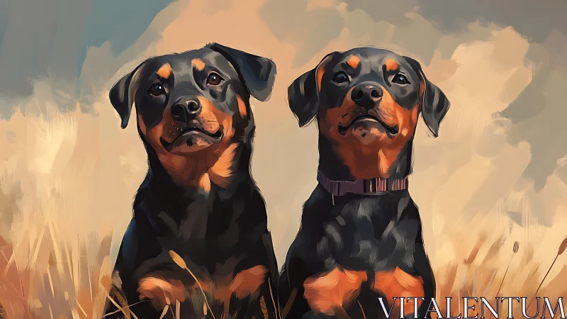 Two black and tan dogs in stylized outdoor portrait.