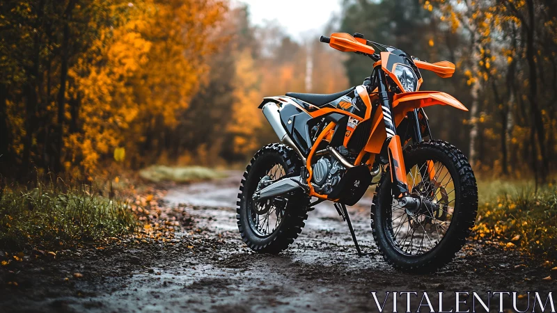 Orange enduro motorcycle stands on muddy autumn forest trail.