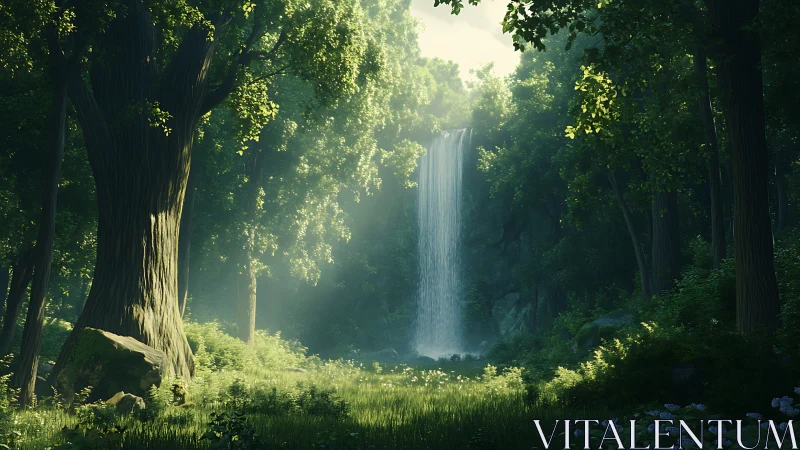 Cascading Waterfall Through Dense Arboreal Canopy With Radiant Light Diffusion.
