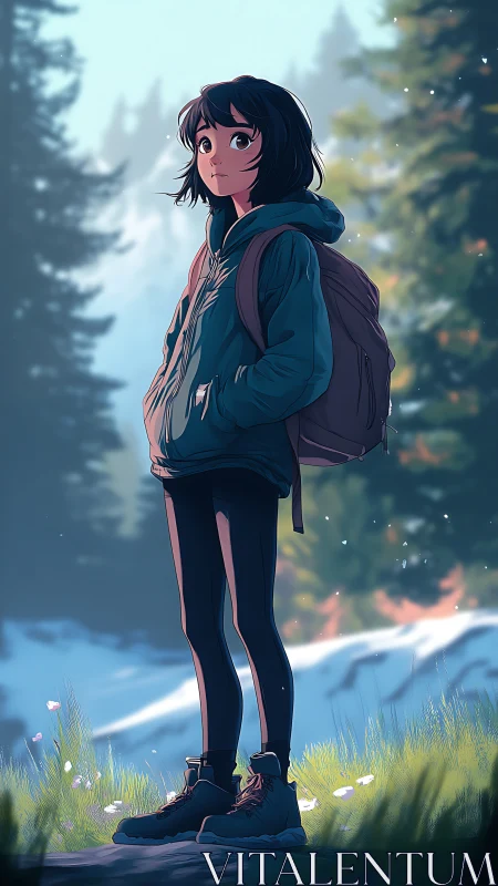 Curious young hiker pausing in a sunlit forest clearing.