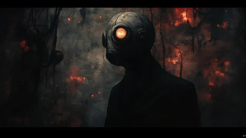 Gas-masked figure before scorched industrial inferno backdrop.