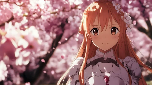 Anime portrait under soft-focus cherry blossom canopy.