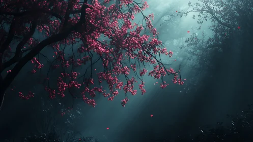 Twilight mist cradles a crimson blossom canopy in silence