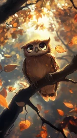 Wide-eyed autumn owl basking in a golden forest hush.