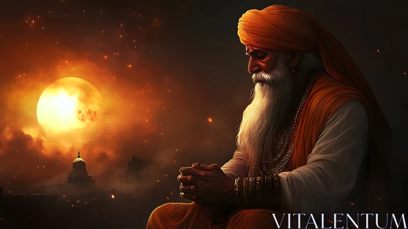 Elderly sage in saffron robes meditates under burning sun.