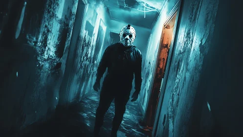 Masked slasher in neon cyan horror corridor lighting study.