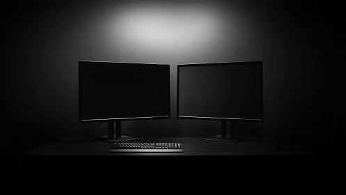 Dual computer monitors and keyboard on dark desk surface.