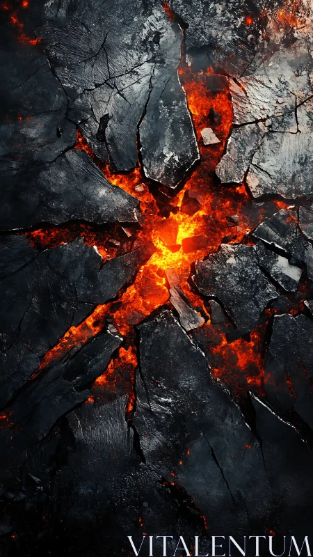 Molten lava erupts through fractured dark volcanic rock surface.