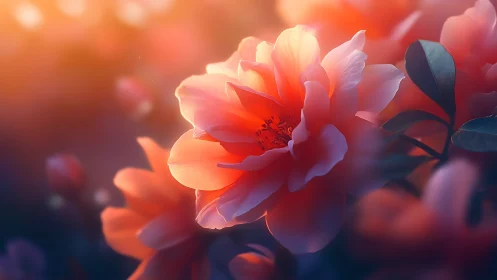 Luminous coral blossom in cinematic soft-focus bokeh glow.