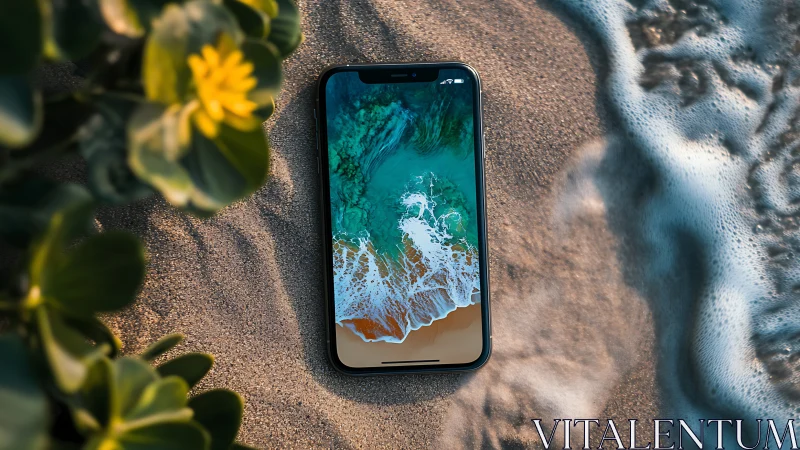 Beachbound smartphone cradling a tiny ocean portal dream.