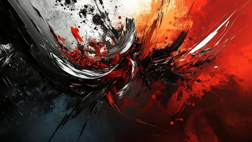 Dynamic Abstract Painting with Bold Red, Black, and White Strokes.