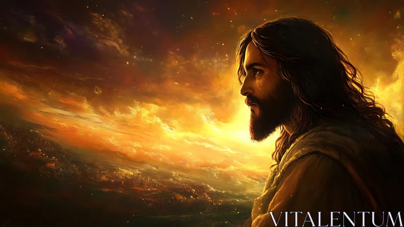 Golden light surrounds a serene robed figure at sunset