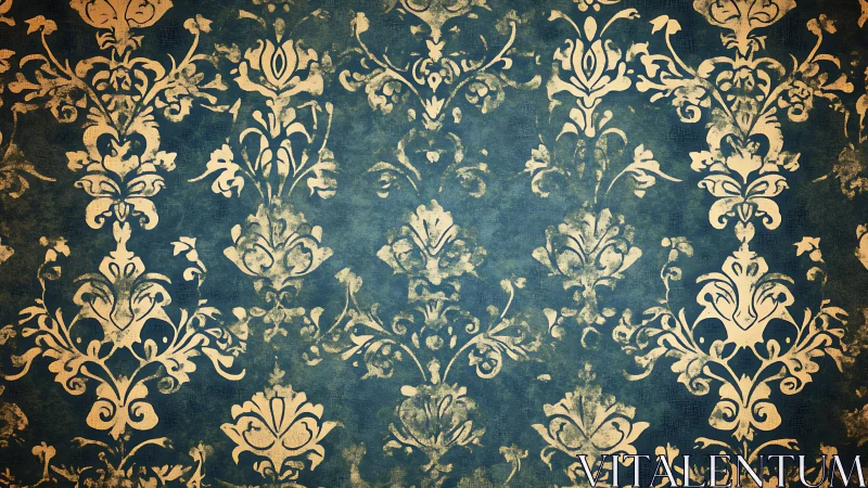 Vintage blue damask wallpaper pattern with worn gold flourishes.