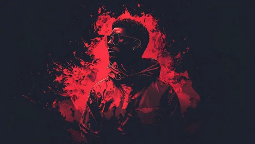 Stylized portrait of man in red jacket on dark backdrop.