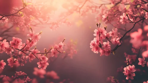 Pink flowering branches against blurred warm background light