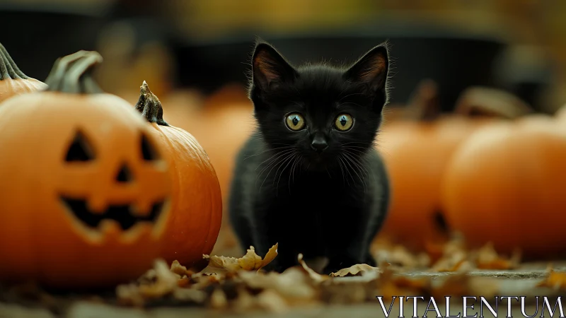 Curious Black Kitten Meets Spooky Halloween Pumpkins.