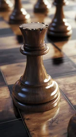 Warm wooden chess queen ready for quiet strategic play.