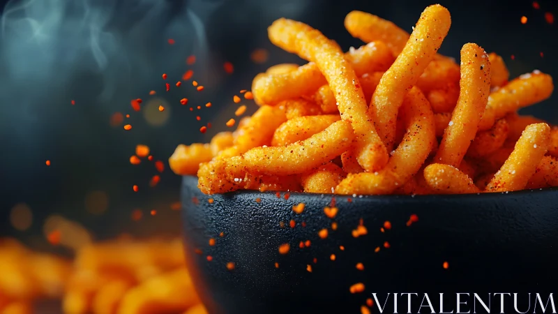 Crisp cheese snacks under shallow depth, backlit spice motion