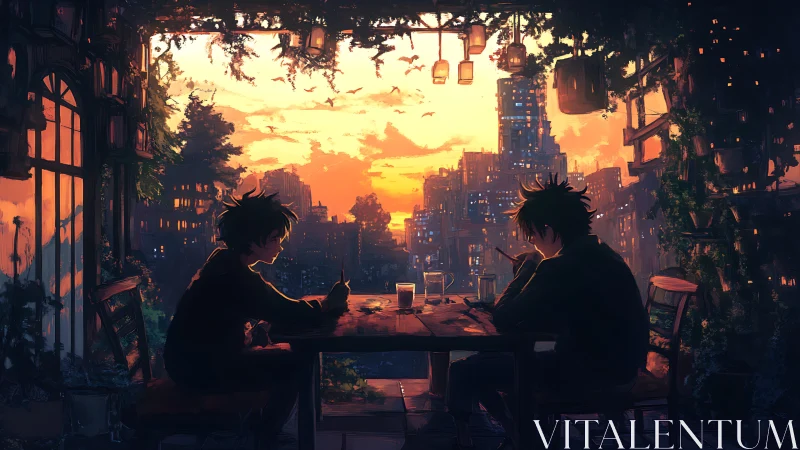 Sunset sketchers trading secrets above the glowing city.