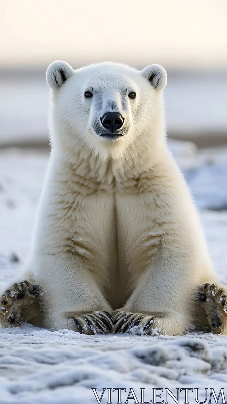 Polar bear seated on snowy ground facing camera calmly.