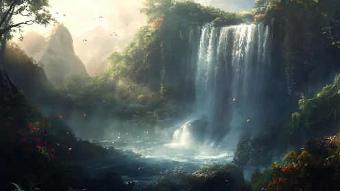 High-dynamic-range fantasy waterfall with volumetric mist rendering