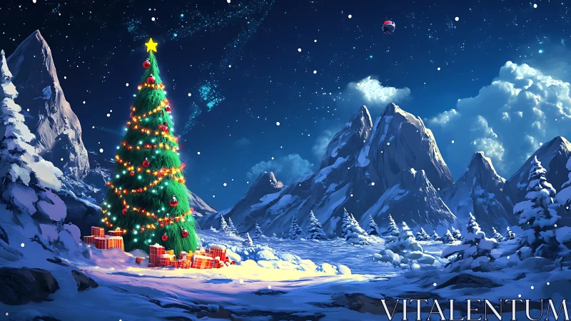 Snowy mountain clearing with glowing Christmas tree at night.