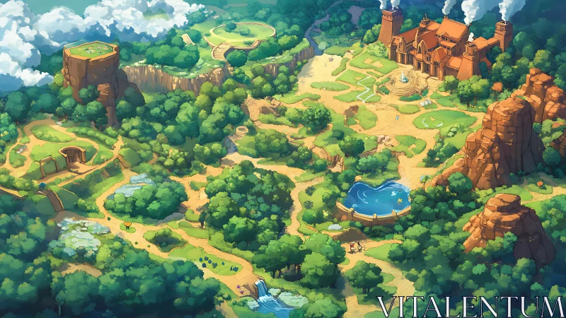 Expansive fantasy academy landscape with terraced forests and ponds