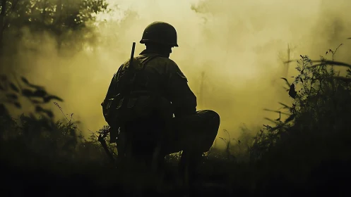 Solitary soldier pauses in a misty battlefield clearing at dawn