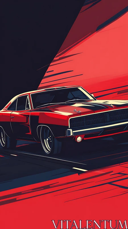 Bold red muscle car races forward with sleek graphic style