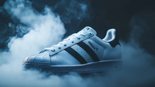 White adidas sneaker in dramatic cool studio smoke lighting.