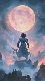 Moonlit warrior rising through stormy skies of change.