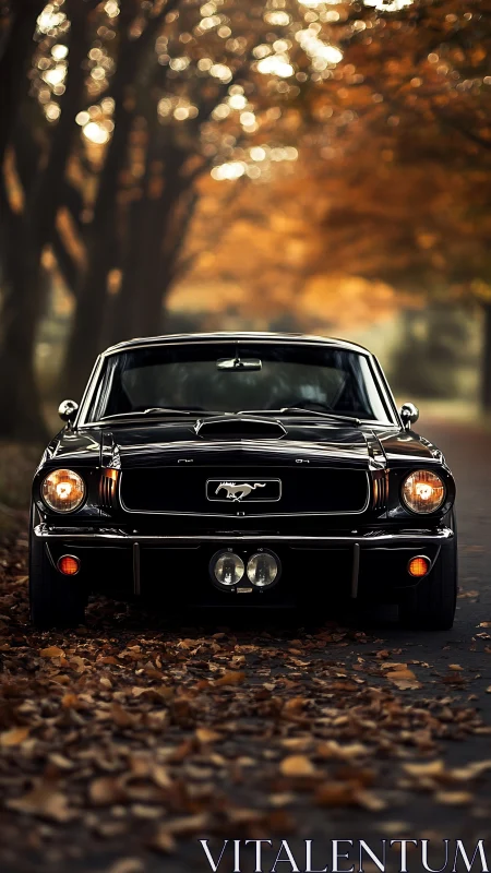 Classic black Mustang amid soft-focus autumn avenue glow.