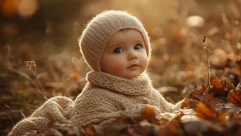 Doll in Autumn Field Wears Cozy Knit Beanie and Scarf