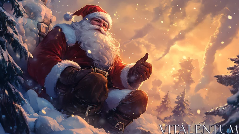 Jolly Santa relaxing in a glowing winter wonderland at dusk.