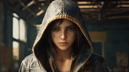 Hooded woman rendered with cinematic bokeh and hyperreal skin shading