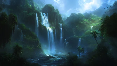 Mystic jungle waterfalls under ethereal storm light.