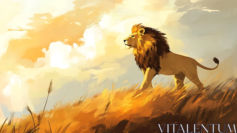 Solar-graded digital lion surveying wind-striated savanna horizon.