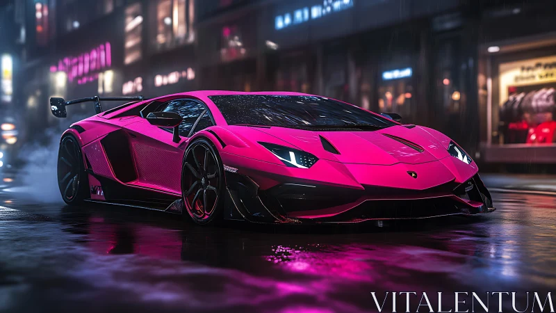 Neon magenta supercar rendered on rain-soaked cyber street.