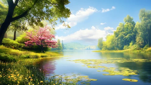 Spring lake glows under clear sky with vivid shoreline trees