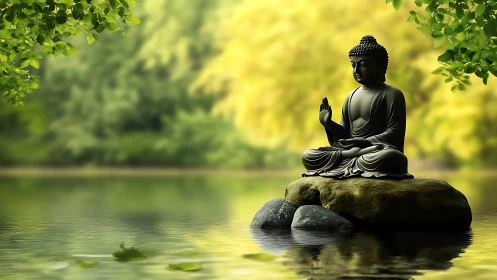 Lakeborn Buddha statue in sunlit forest hush and stillness.